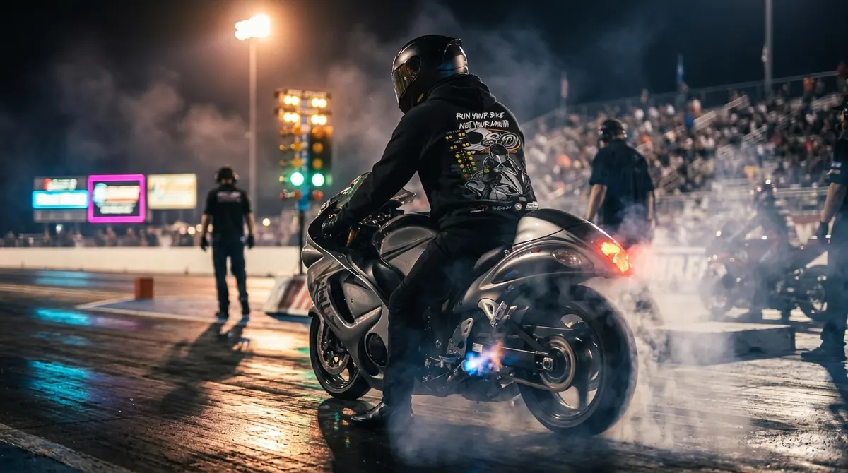Drag bike launching under the staging lights